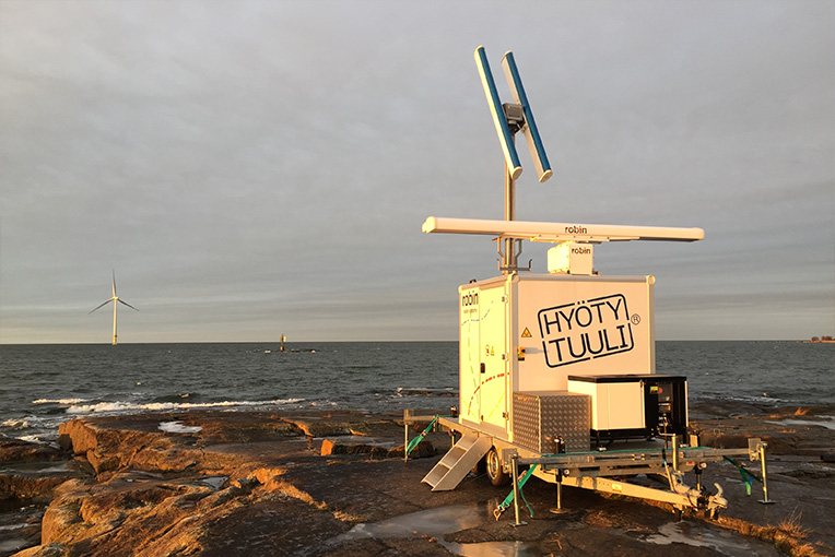 A photo of the Robin Radar Systems’ solution operating near an offshore wind farm.