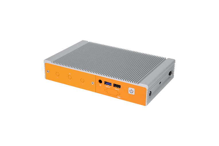 Een foto van een oranje industriële computer van OnLogic