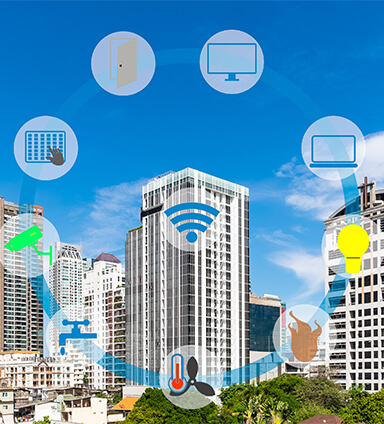 An image showing a group of buildings surrounded by icons showing all the building control possibilities
