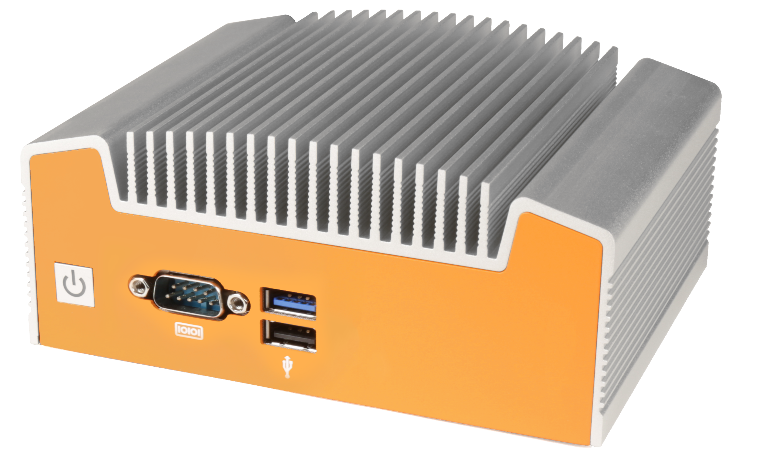 OnLogic ML100 rugged computer with distinctive orange color and fins for fanless cooling