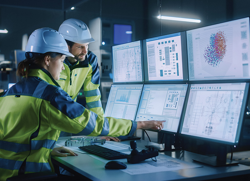 Two workers in a heavy industry or manufacturing environment looking at a SCADA control center with multiple monitors