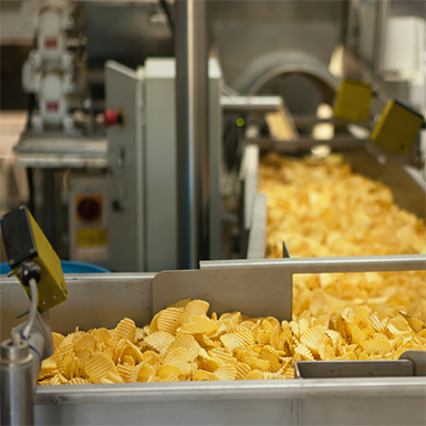 Potato chips coming off a manufacturing line