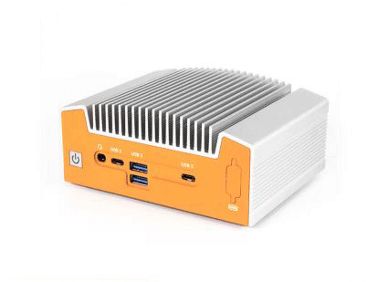 OnLogic ML100 rugged computer with distinctive orange color and fins for fanless cooling