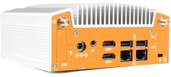 A photo of the fanless ML100 OnLogic industrial computer showing its orange color and distinctive exterior heat sink