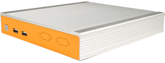 A photo of the orange OnLogic ML210 fanless industrial computer.