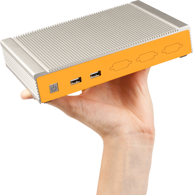 A photo highlighting the small form factor of the OnLogic ML300 Series - it can be held with one hand