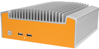 Ein Foto des orangefarbenen OnLogic Industrie-Computers der ML500-Serie