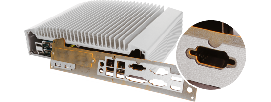A photo highlighting the EMI and ESD protected design of the OnLogic ML600 Series fanless computer