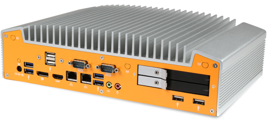 A photo highlighting some of the I/O options of the OnLogic ML600 Series fanless computer